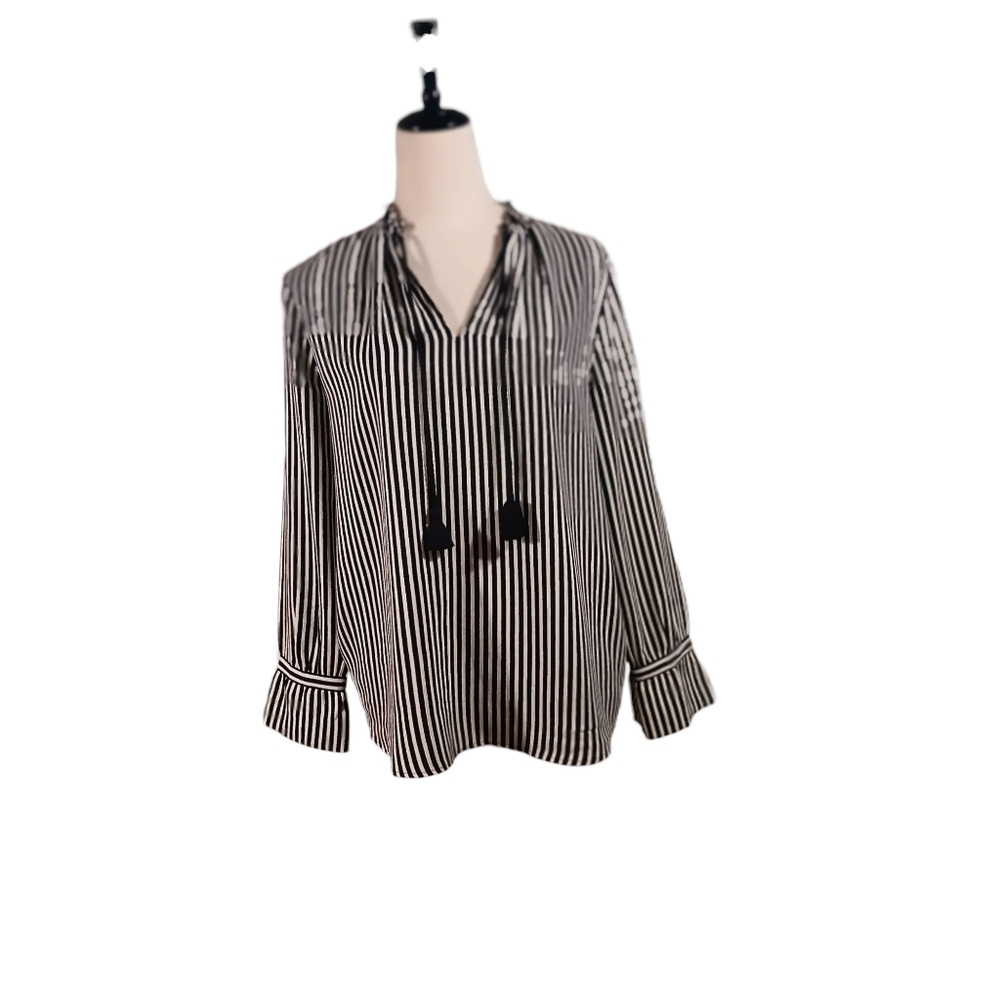 Ann Taylor Tassel Tie V Neck Boho Peasant Blouse Large Petite